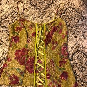 Green floral lace up front saucy tank